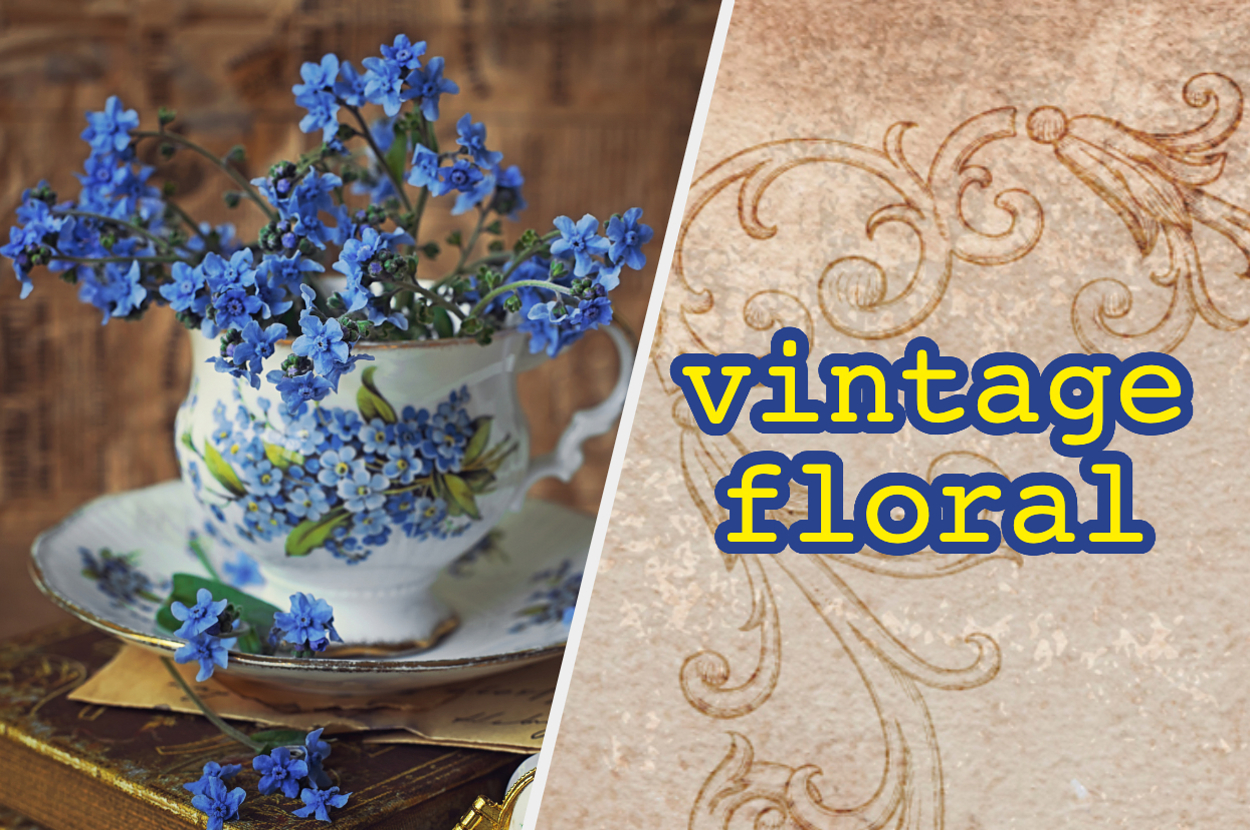 Blue flowers in a teacup on books, next to "vintage floral" text with ornate designs