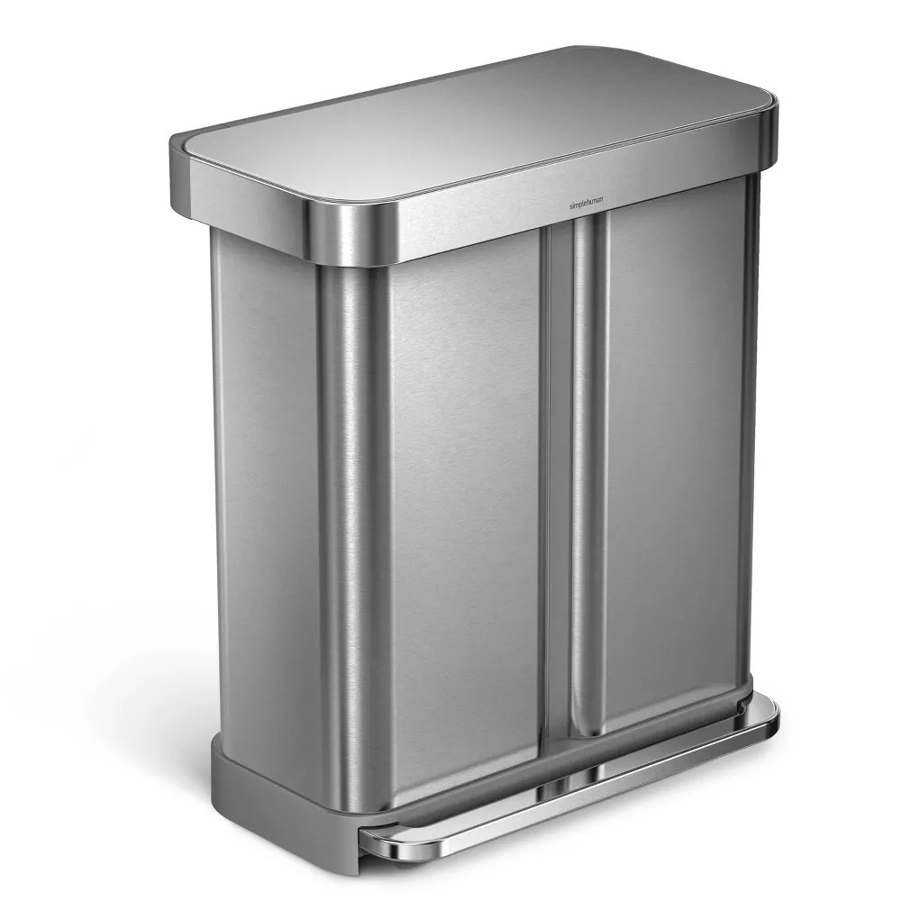 Stainless steel rectangular trash can with a foot pedal and a closed lid