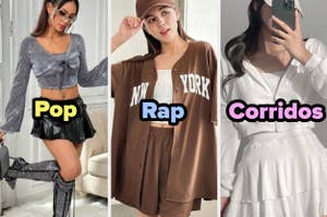 Tres mujeres posando con atuendos que representan estilos musicales: Pop, Rap y Corridos