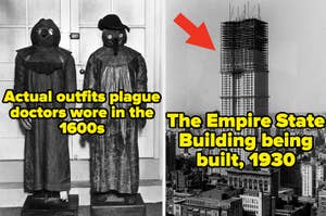 Two images side-by-side: left shows historical plague doctor outfits, right shows Empire State Building under construction