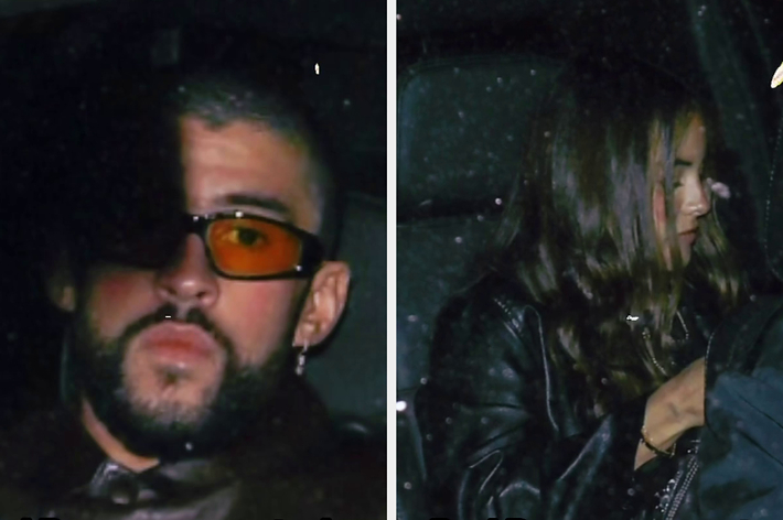 Bad Bunny and ex-girlfriend Gabriela Berlingeri in a car at night, with one wearing sunglasses and the other in a leather jacket