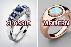 Two rings displayed side by side, labeled "CLASSIC" with a sapphire and diamonds, and "MODERN" with an opal stone