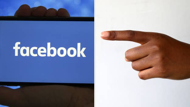 Split image with Facebook logo on a screen and a person pointing right