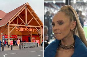 Keeley in "Ted Lasso" in elegant attire with a blue top and a statement necklace, Sainsbury's exterior.