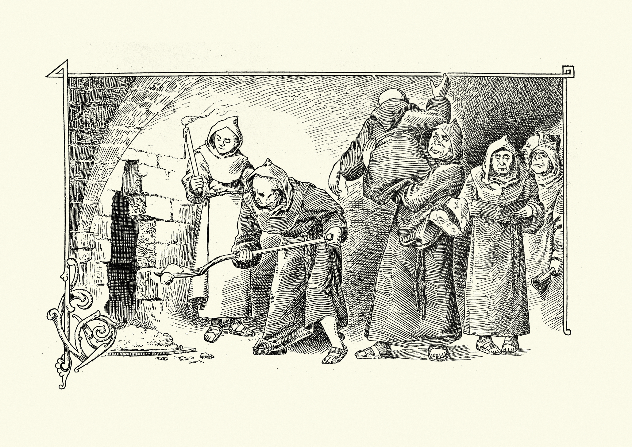 Illustration of medieval peasants working, some carrying bundles and one using a shovel