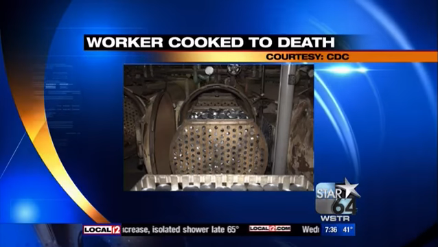 News report screen featuring the headline &quot;WORKER COOKED TO DEATH&quot; with an industrial machine image