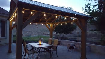 Patio at dusk with string lights on pergola, table with lantern, chairs, and a dog walking by