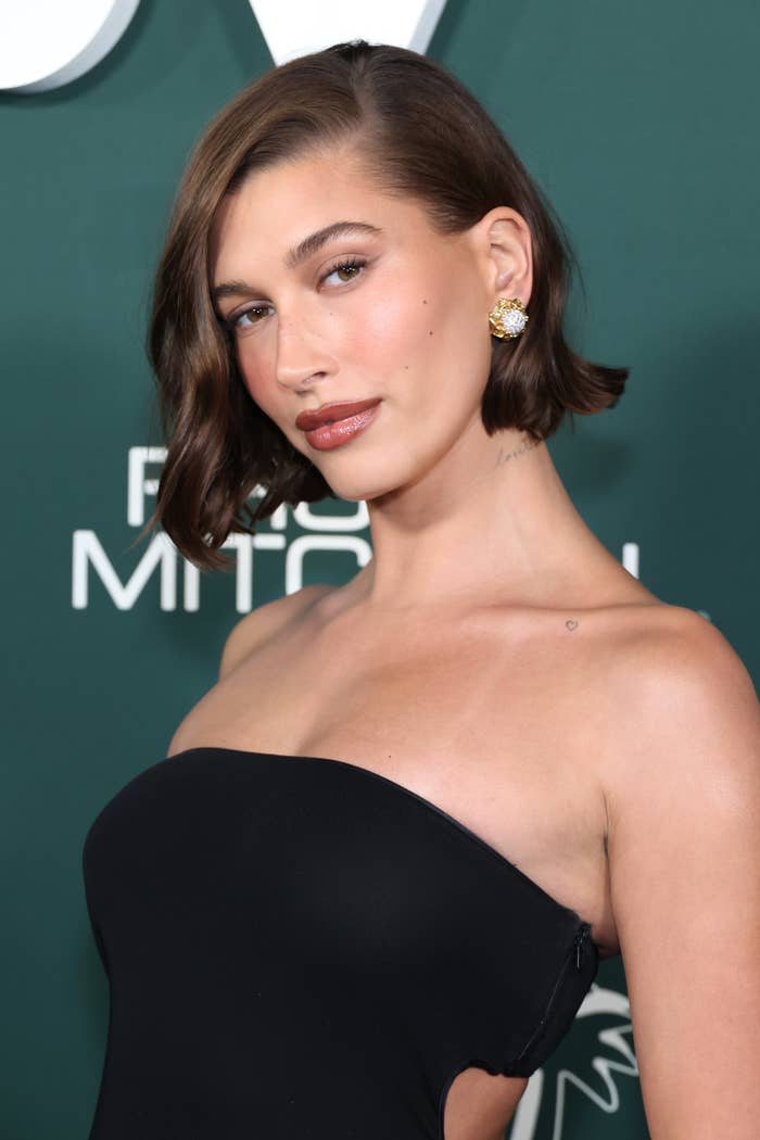 A closeup of hailey in a strapless dress