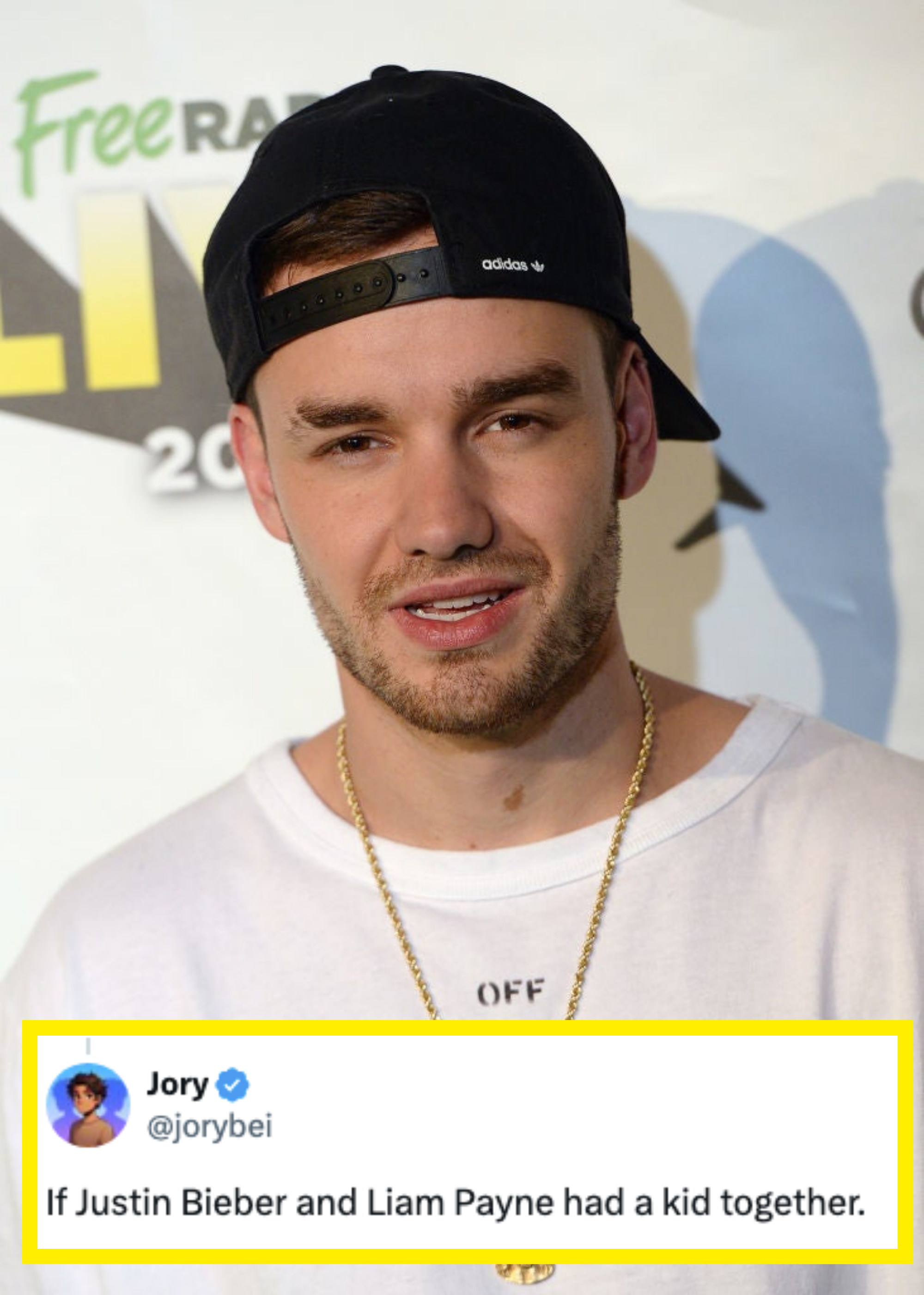 Liam Payne wearing a cap, casual shirt, and chain, with a tweet overlay joking about a resemblance