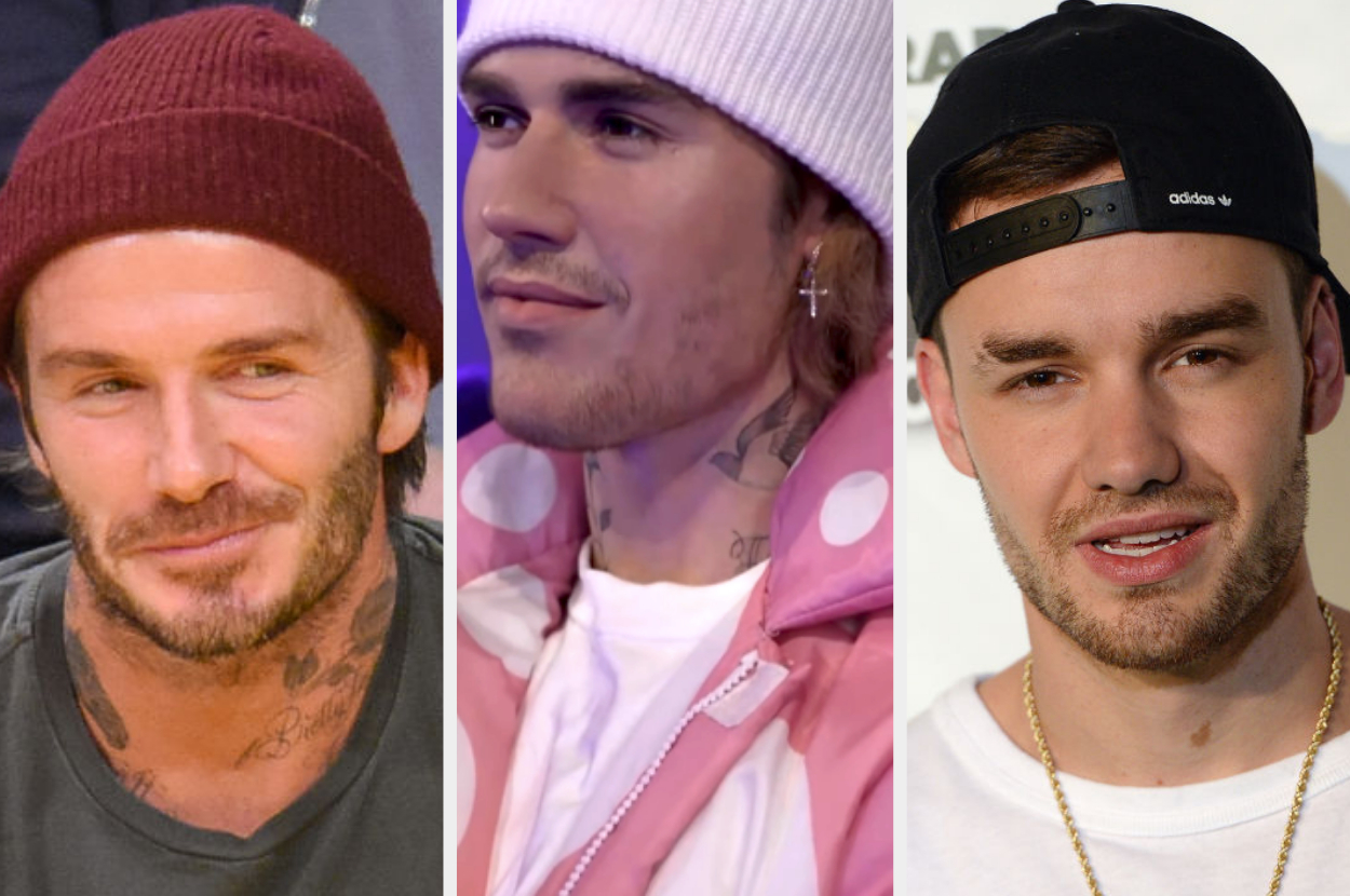 David Beckham in a beanie, Justin Bieber in a pink hoodie, Liam Payne in a cap, all posing separately