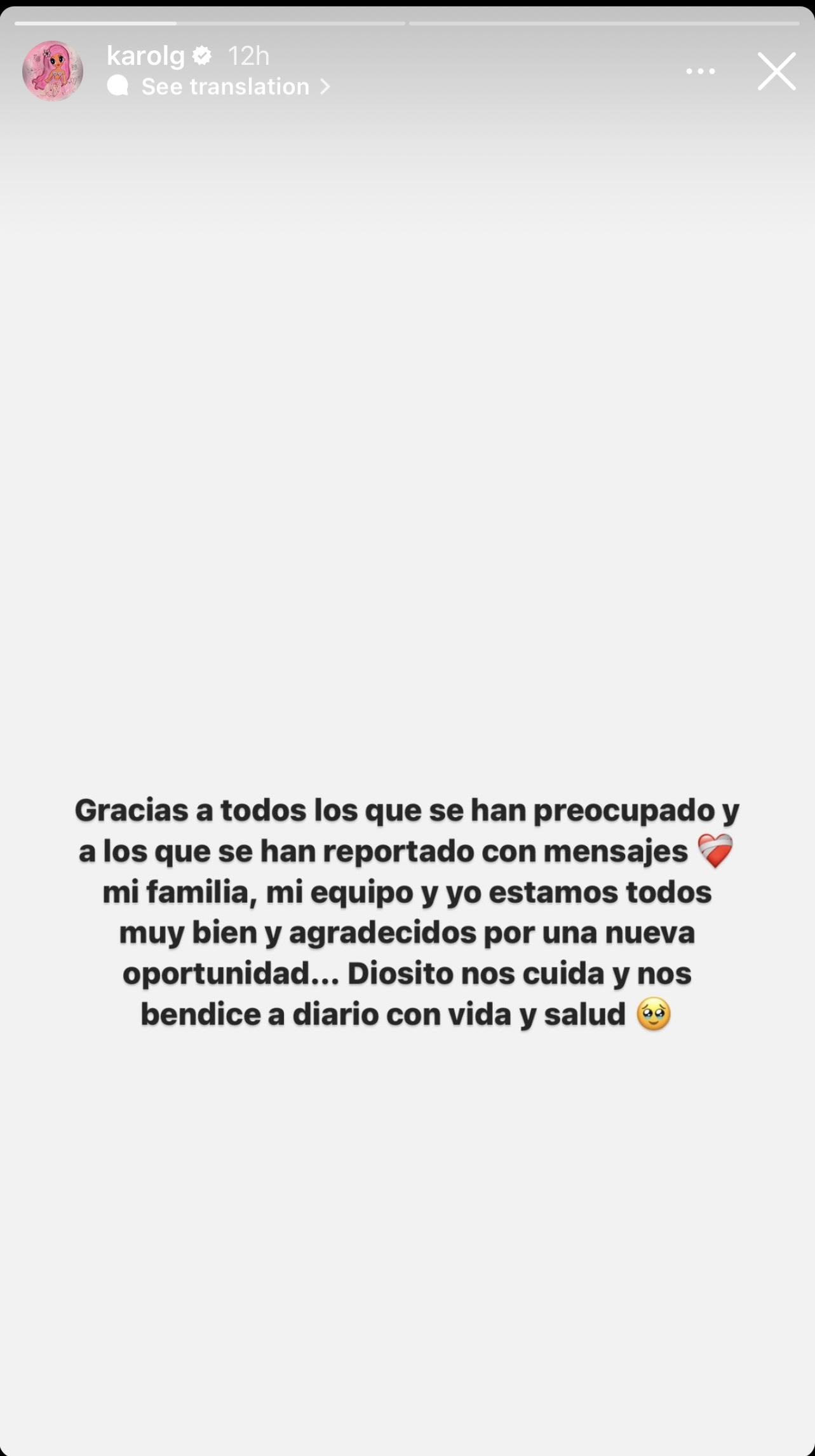 Screenshot of a social media post from Karol G thanking followers for their concern and support, expressing gratitude from the poster&#x27;s family and team