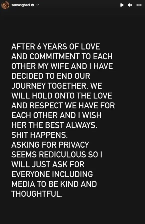 Text from Sam Asghari&#x27;s social media statement announcing the end of his six-year relationship, asking for kindness and privacy