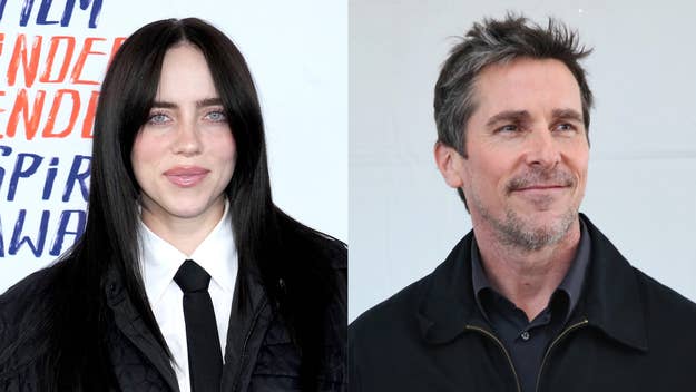 Billie Eilish in a black suit and tie, Simon Kinberg in a casual jacket, both posing separately