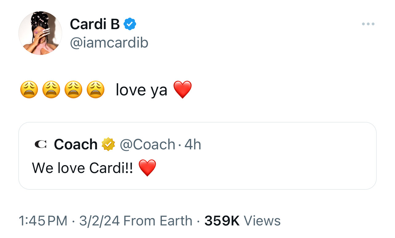 Tweet exchange between @iamcardib (Cardi B) expressing affection with heart emoji and @Coach professing love for her