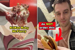 Side-by-side of me grabbing a spoonful of a Ruby KitKat McFlurry and me holding a McPlant burger