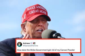 Person giving a speech with a "Make America Great Again" hat, overlaid with a satirical tweet about "Cancer Powder"