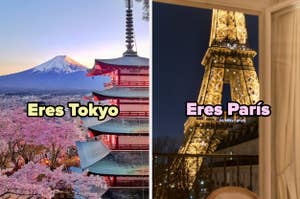 Imagen dividida: lado izquierdo, Monte Fuji y pagoda; derecho, Torre Eiffel de noche. Texto "Eres Tokyo" y "Eres Paris" respectivamente
