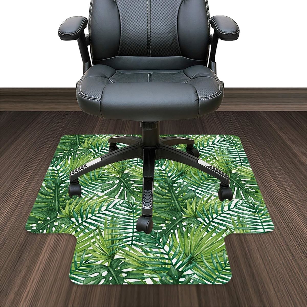 Office chair on a tropical leaf-patterned chair mat