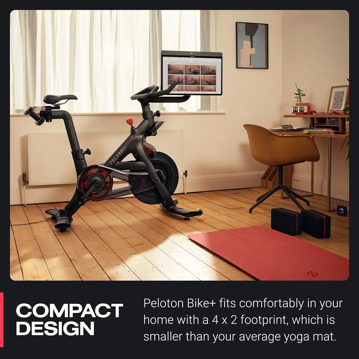 Peloton Bike+ in a home setting with a caption explaining its compact 4x2 foot size compared to a yoga mat