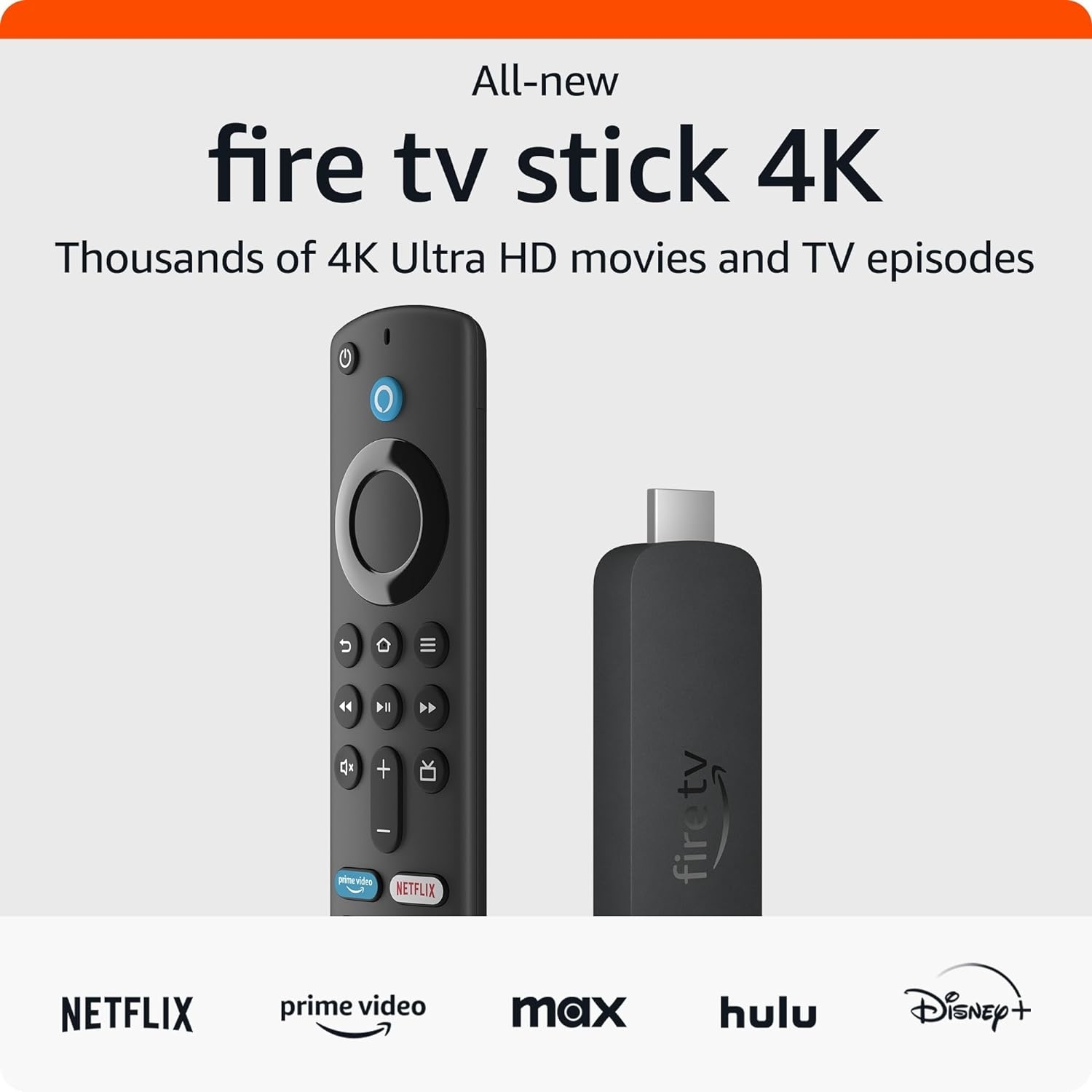 Ad for new Fire TV Stick 4K listing compatible streaming services, showcasing remote and device
