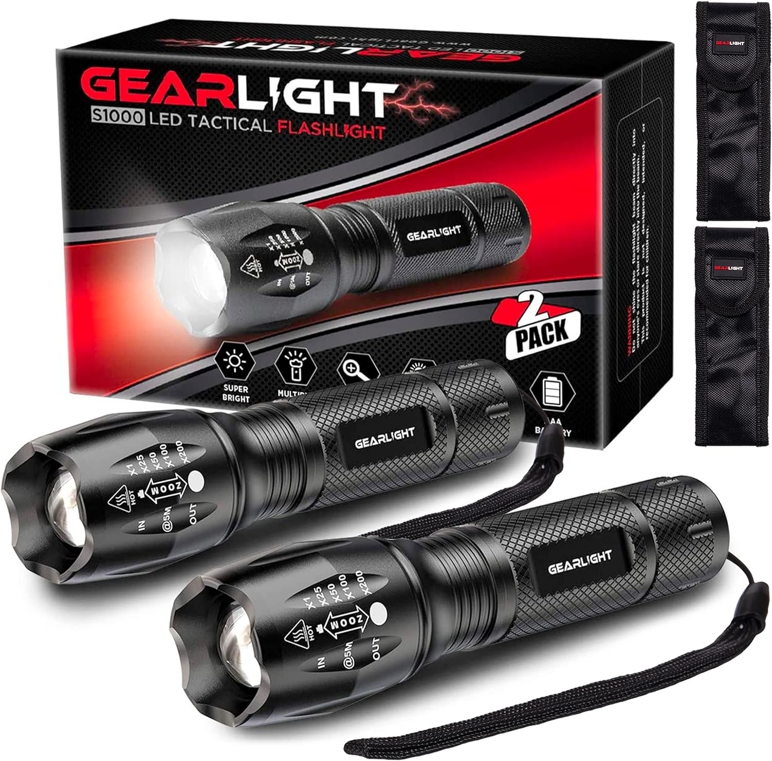 Two GearLight S1000 LED Tactical Flashlights with packaging, featuring multiple light modes and zoom functions. Comes in a 2-pack set