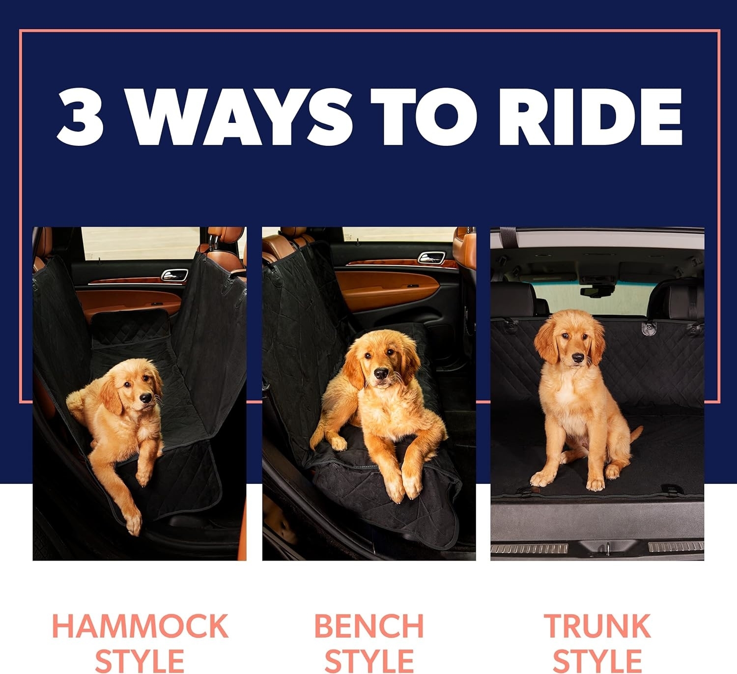 Guide illustrating 3 methods of car travel for dogs: hammock, bench, and trunk styles