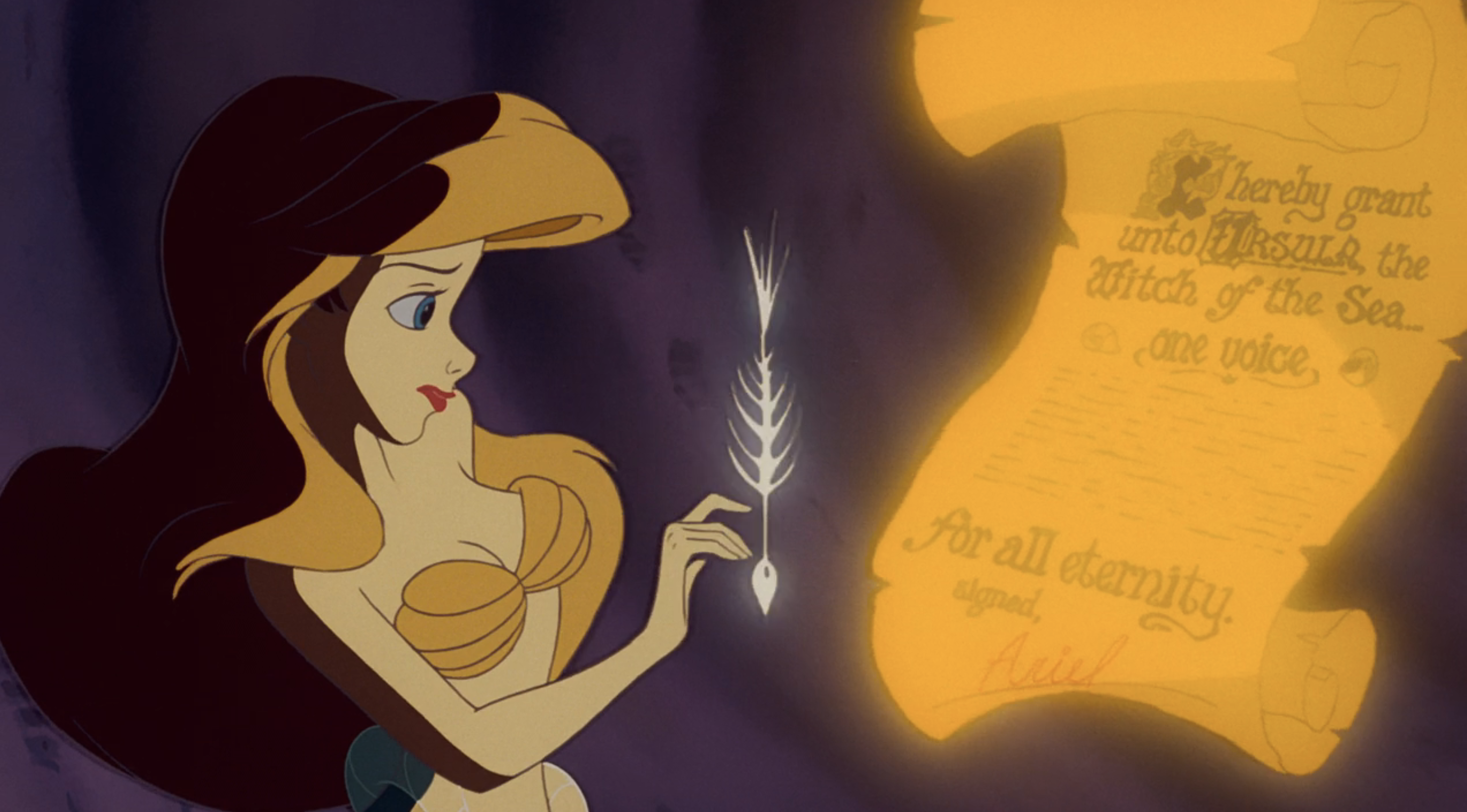 Ariel from The Little Mermaid holds a quill, contemplating a contract from Ursula