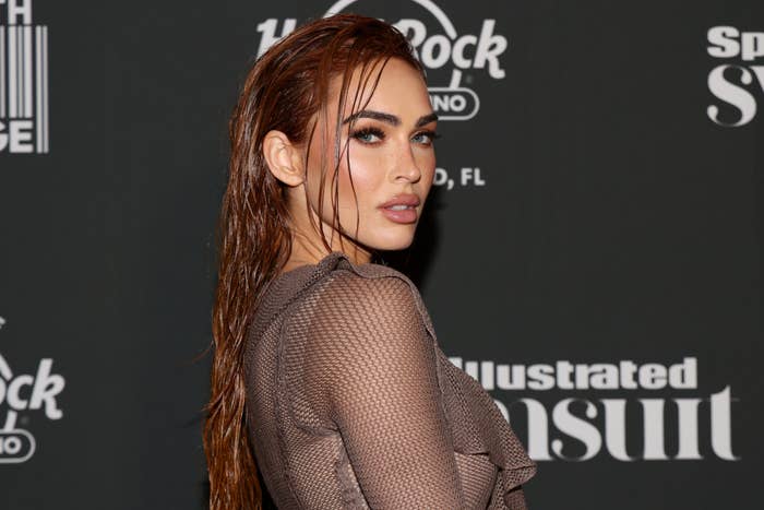 Megan Fox poses at an event for photographers in a sheer, glittery dress with wet-looking hair