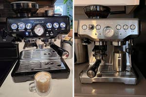 Two espresso machines with a cup of coffee on the left side