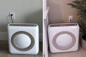 Two portable air purifiers in a home setting, one in a corner and the other by a plant