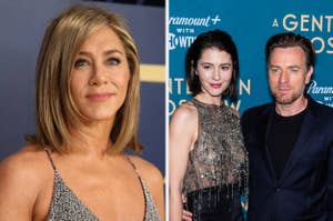 Jennifer Aniston in a sparkly top; Mary Elizabeth Winstead and Ewan McGregor pose together, she in a sequined dress, he in a suit