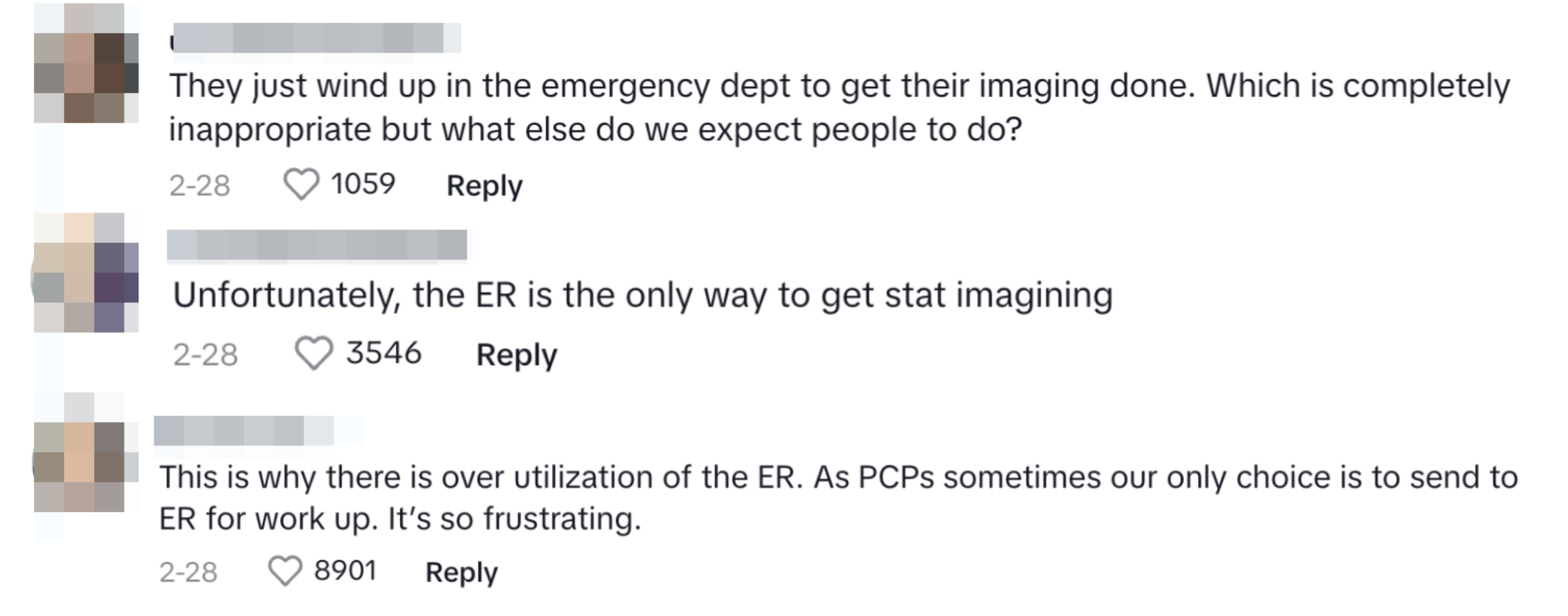 Comment thread on a post discussing emergency room utilization for imaging services, with users sharing frustrations about healthcare system constraints