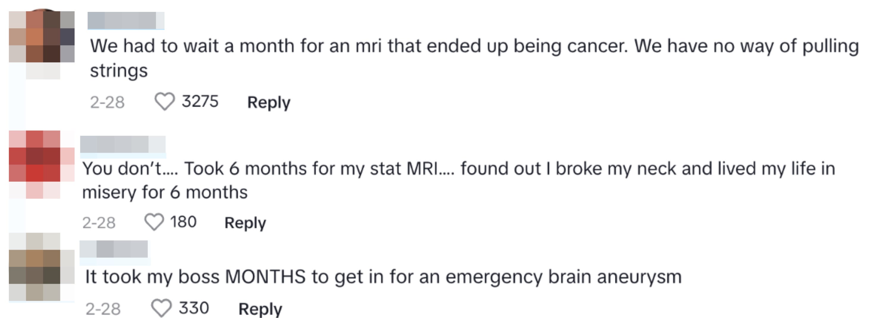 Three social media comments discussing long waits for MRI scans and their health consequences