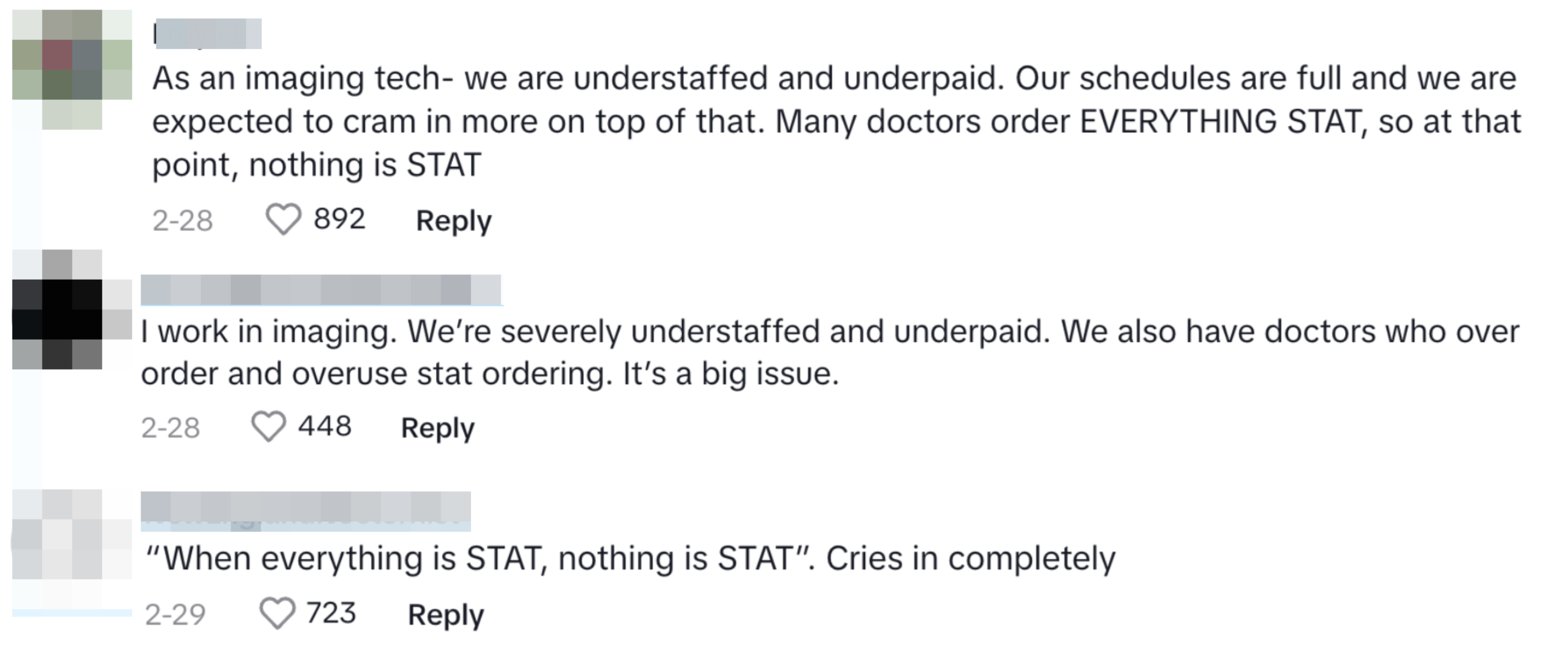 Image of three comments on under-staffing in medical imaging, discussing workloads and doctor ordering habits