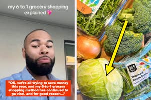 Man shares his 6-to-1 grocery shopping strategy next to a photo of assorted fresh vegetables
