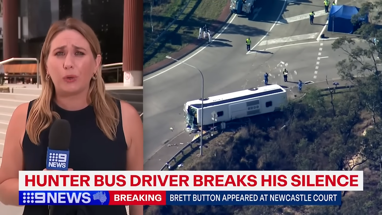 News reporter on-screen with an inset aerial view of an overturned bus at an intersection for a breaking news segment
