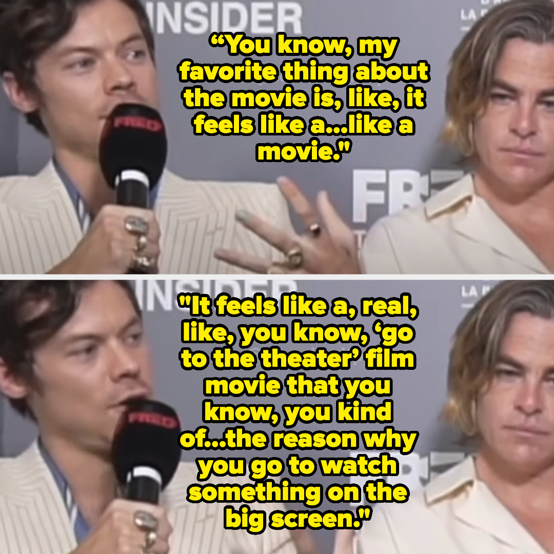 Closeup of Harry Styles and Chris Pine in an interview