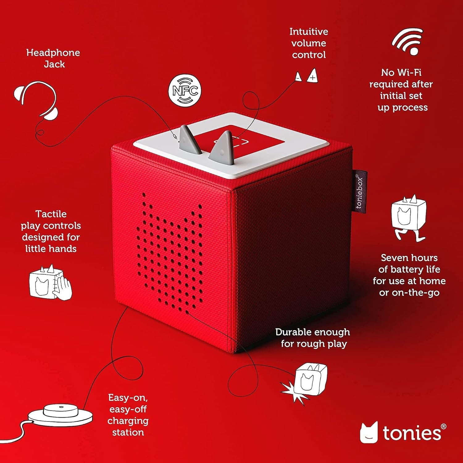 Graphic of a red portable speaker-looking device, various features highlighted, like headphone jack and durable design, for home or on-the-go use