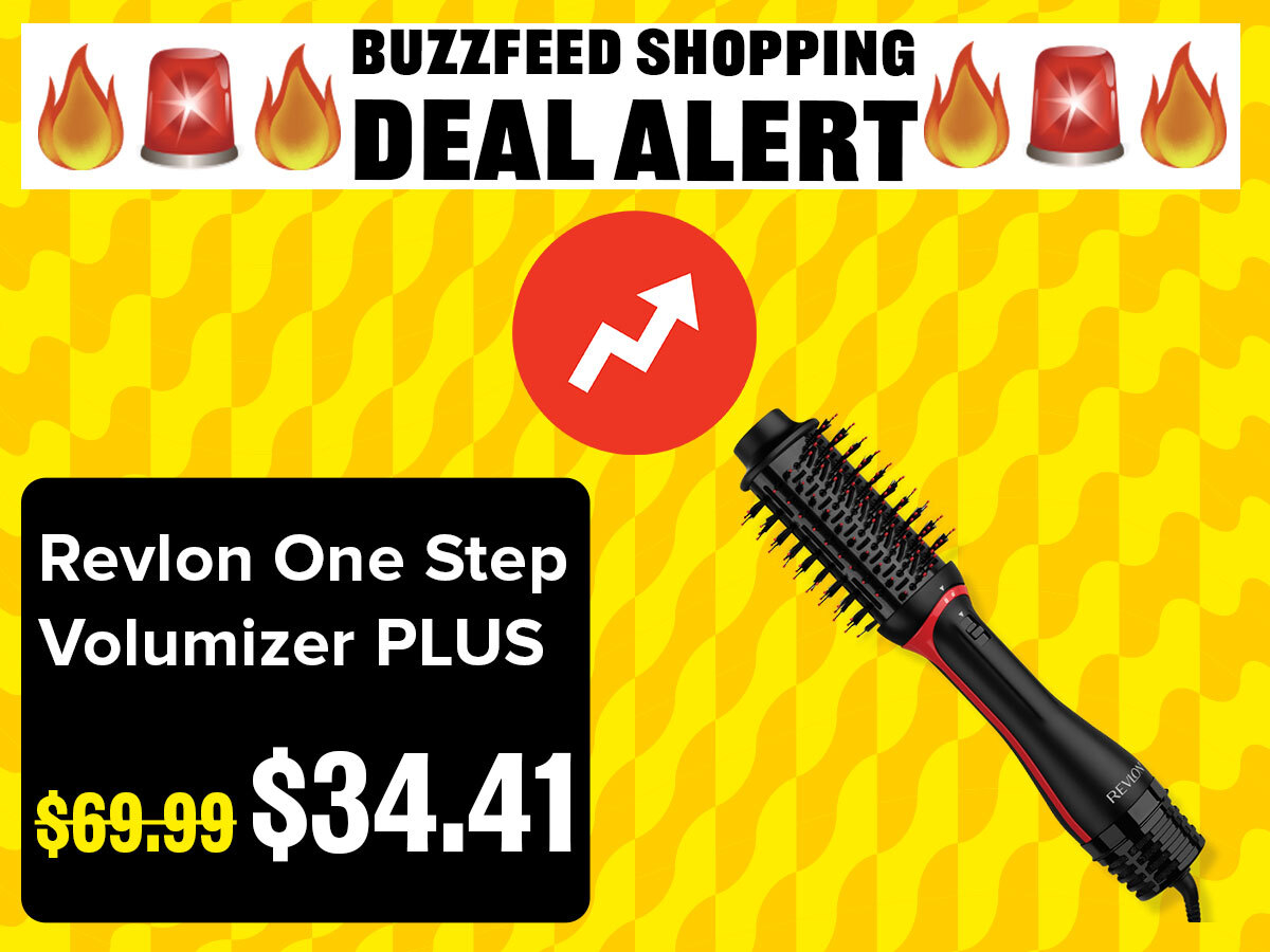BuzzFeed Shopping deal alert showing 50% off Revlon One Step Hair Volumizer Plus, now $34.41 from $69.99
