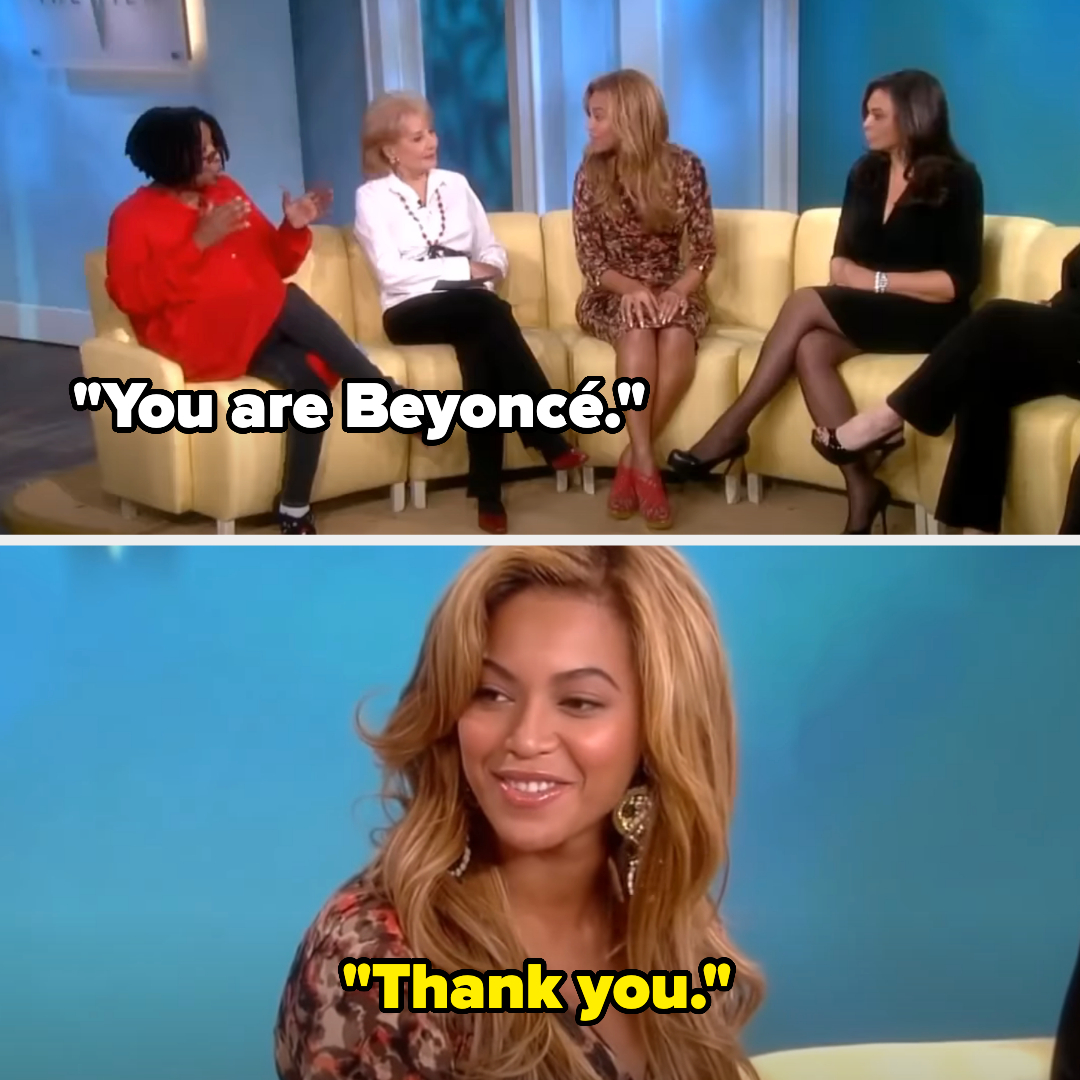 Four women on a talk show with Beyoncé in the foreground smiling, text overlays quote their conversation