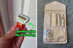 reviewer holding portable razor and jewelry organizer with jewelry in it