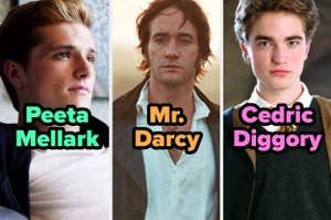 Collage de Peeta Mellark, Mr. Darcy y Cedric Diggory, personajes literarios icónicos