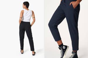 Two models showcasing black and navy trousers, one with heels, another in high-top sneakers for a fashion look