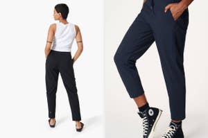 Two models showcasing black and navy trousers, one with heels, another in high-top sneakers for a fashion look