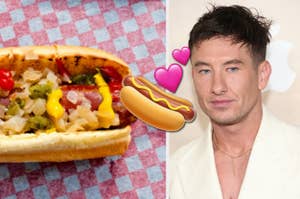 Hot dog with various toppings next to an image of actor Barry Sloane wearing a light suit