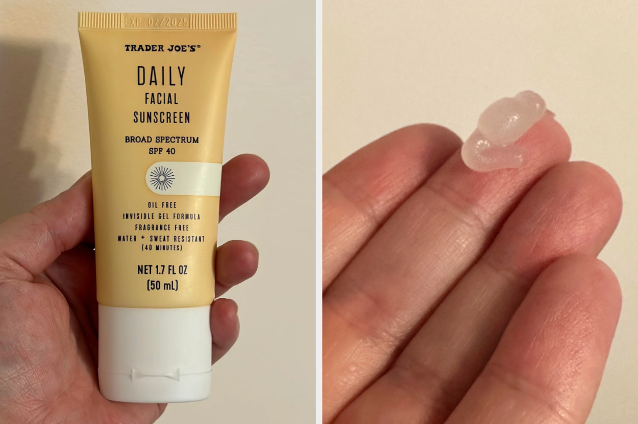 Left: A tube of Trader Joe&#x27;s Daily Facial Sunscreen. Right: A person&#x27;s hand with a dollop of sunscreen