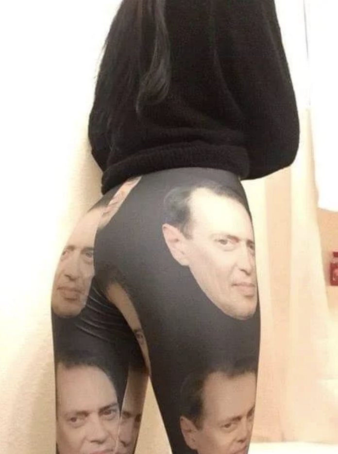 Printed pants with Steve Buscemi&#x27;s face on them