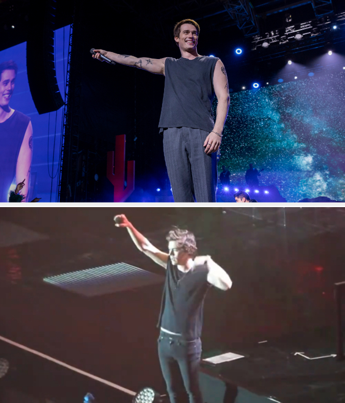 Hayes onstage with his arm outstretched in a scene from &quot;The Idea of You&quot; vs. Harry Styles onstage