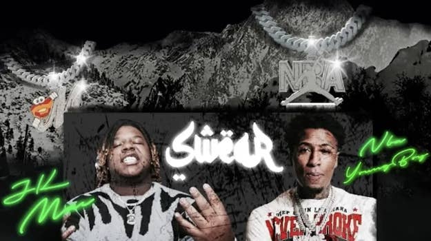 Rappers on a mixtape cover with snowy mountain graphics, animated chains, and stylized text