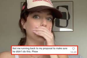 Woman covering mouth in surprise, wearing cap, with text about checking a proposal